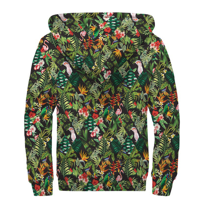 Tropical Patchwork Pattern Print Sherpa Lined Zip Up Hoodie