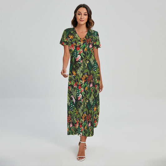 Tropical Patchwork Pattern Print Short Sleeve Maxi Dress