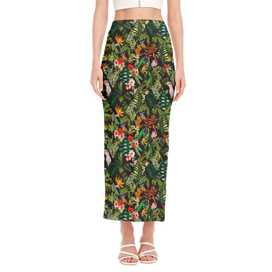 Tropical Patchwork Pattern Print Side Slit Maxi Skirt