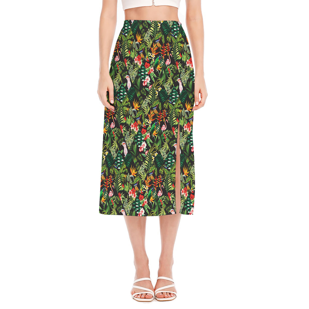 Tropical Patchwork Pattern Print Side Slit Midi Skirt