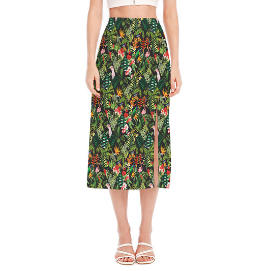 Tropical Patchwork Pattern Print Side Slit Midi Skirt
