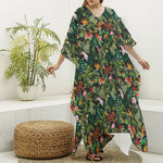 Tropical Patchwork Pattern Print Silk V-Neck Kaftan Dress