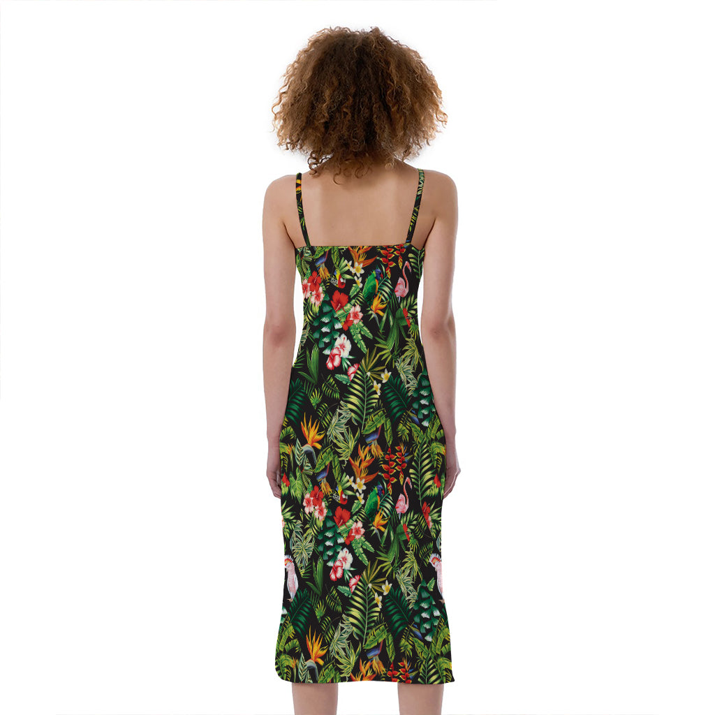 Tropical Patchwork Pattern Print Slim Fit Midi Cami Dress