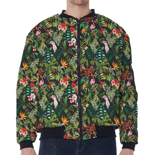 Tropical Patchwork Pattern Print Zip Sleeve Bomber Jacket