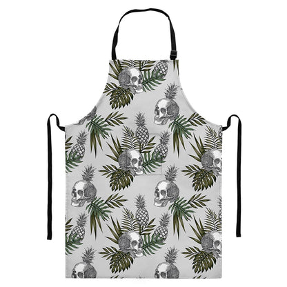 Tropical Pineapple Skull Pattern Print Bib Apron With Pocket