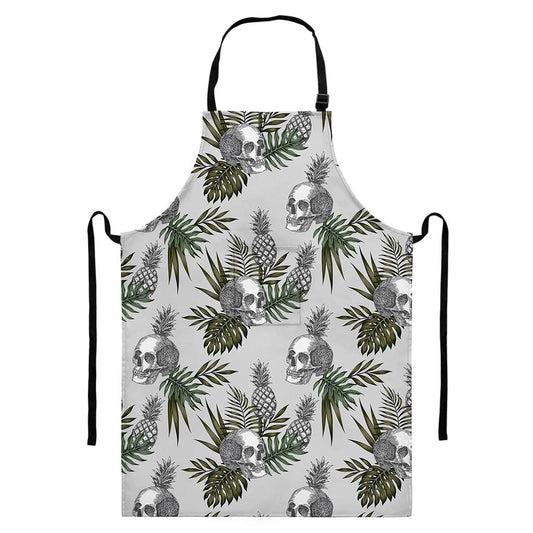 Tropical Pineapple Skull Pattern Print Bib Apron With Pocket