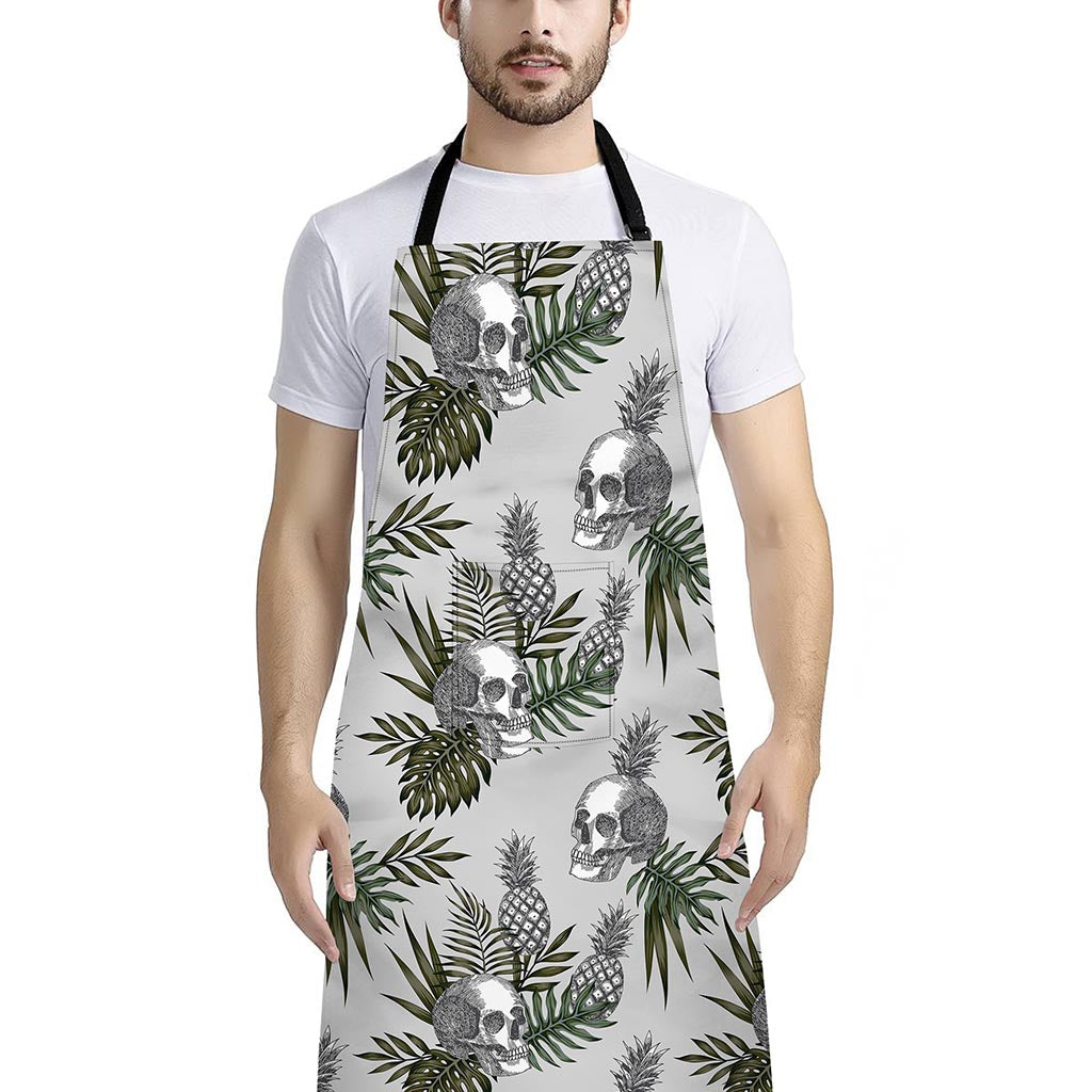 Tropical Pineapple Skull Pattern Print Bib Apron With Pocket