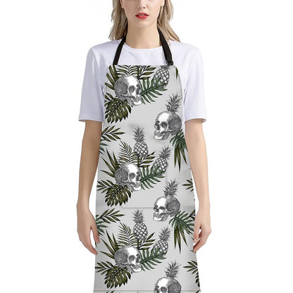 Tropical Pineapple Skull Pattern Print Bib Apron With Pocket