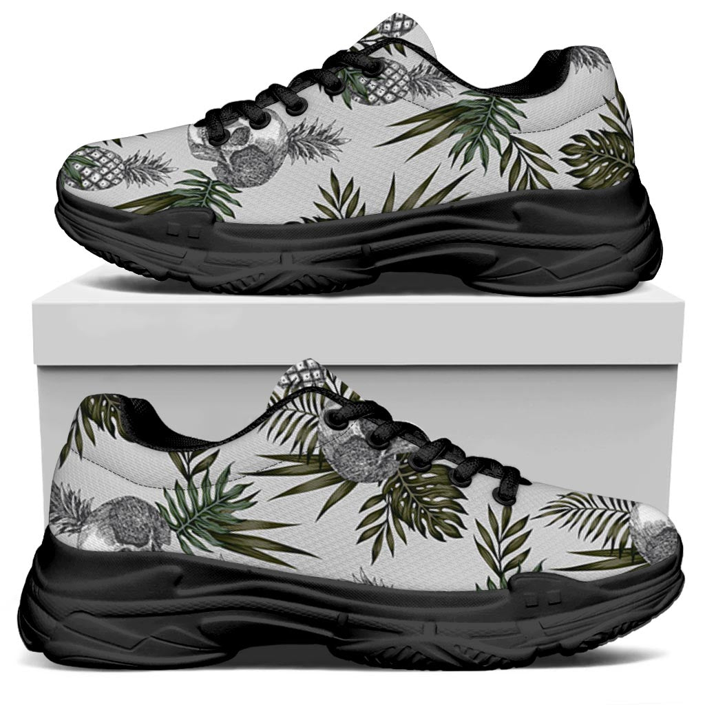 Tropical Pineapple Skull Pattern Print Black Chunky Shoes