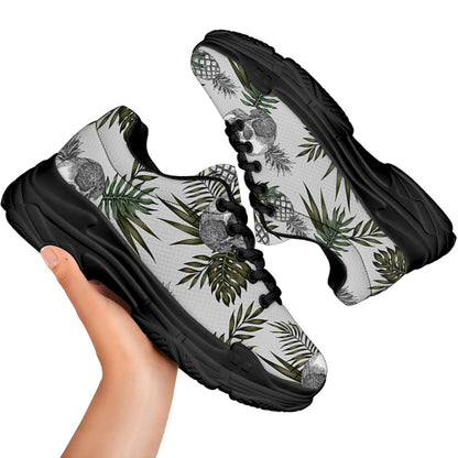 Tropical Pineapple Skull Pattern Print Black Chunky Shoes
