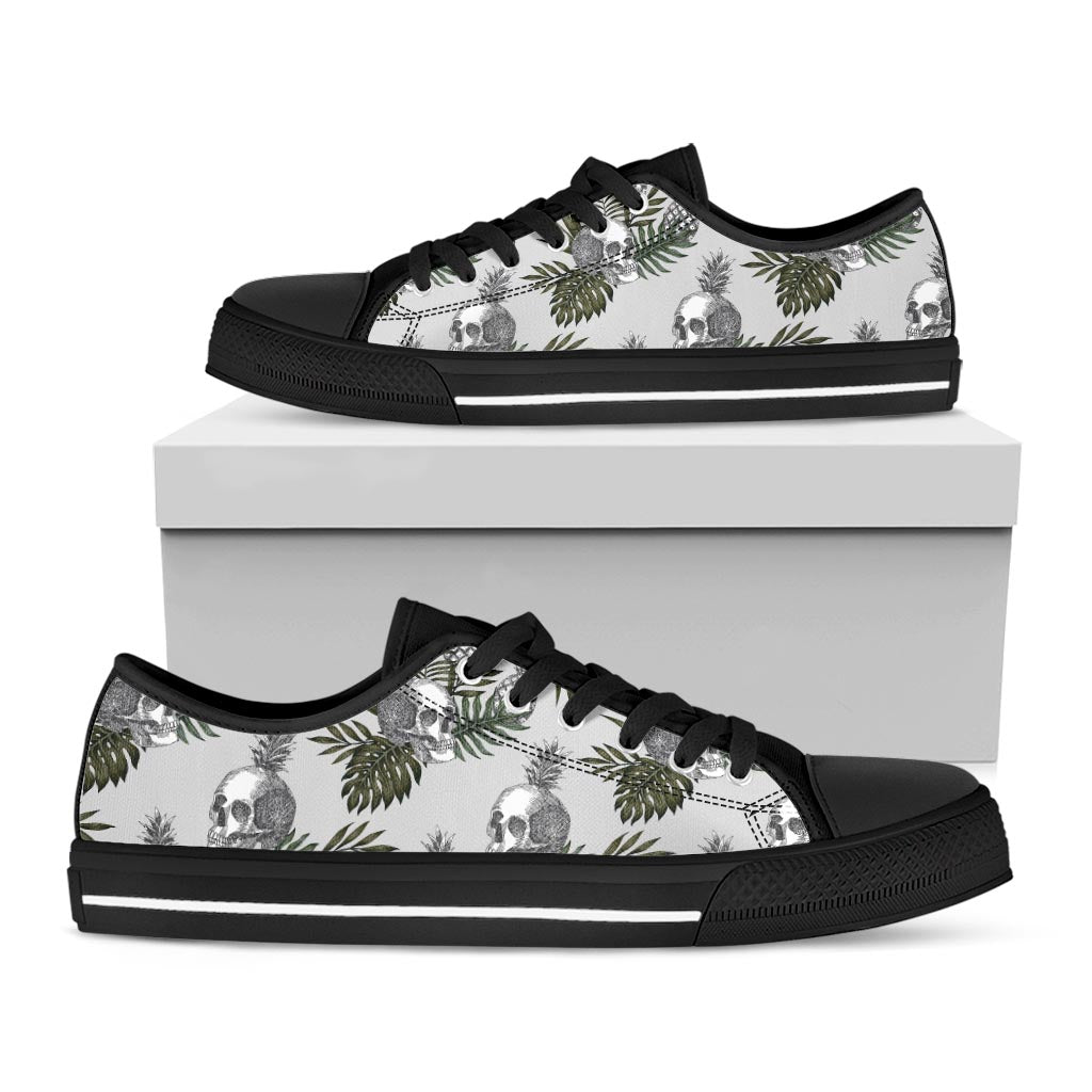 Tropical Pineapple Skull Pattern Print Black Low Top Sneakers