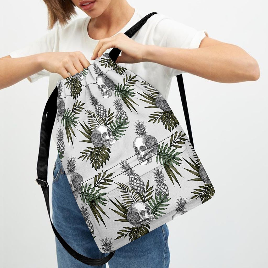 Tropical Pineapple Skull Pattern Print Drawstring Backpack