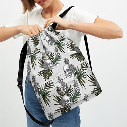 Tropical Pineapple Skull Pattern Print Drawstring Backpack