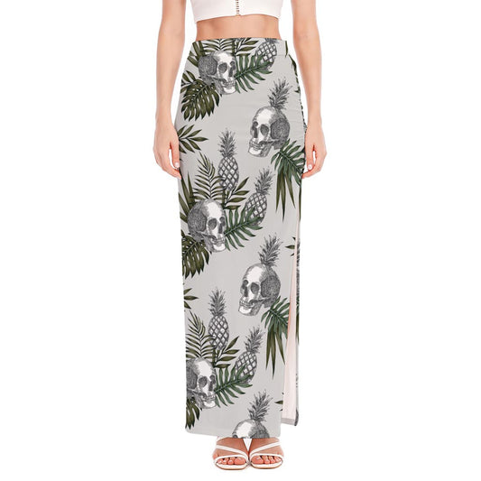 Tropical Pineapple Skull Pattern Print High Slit Maxi Skirt