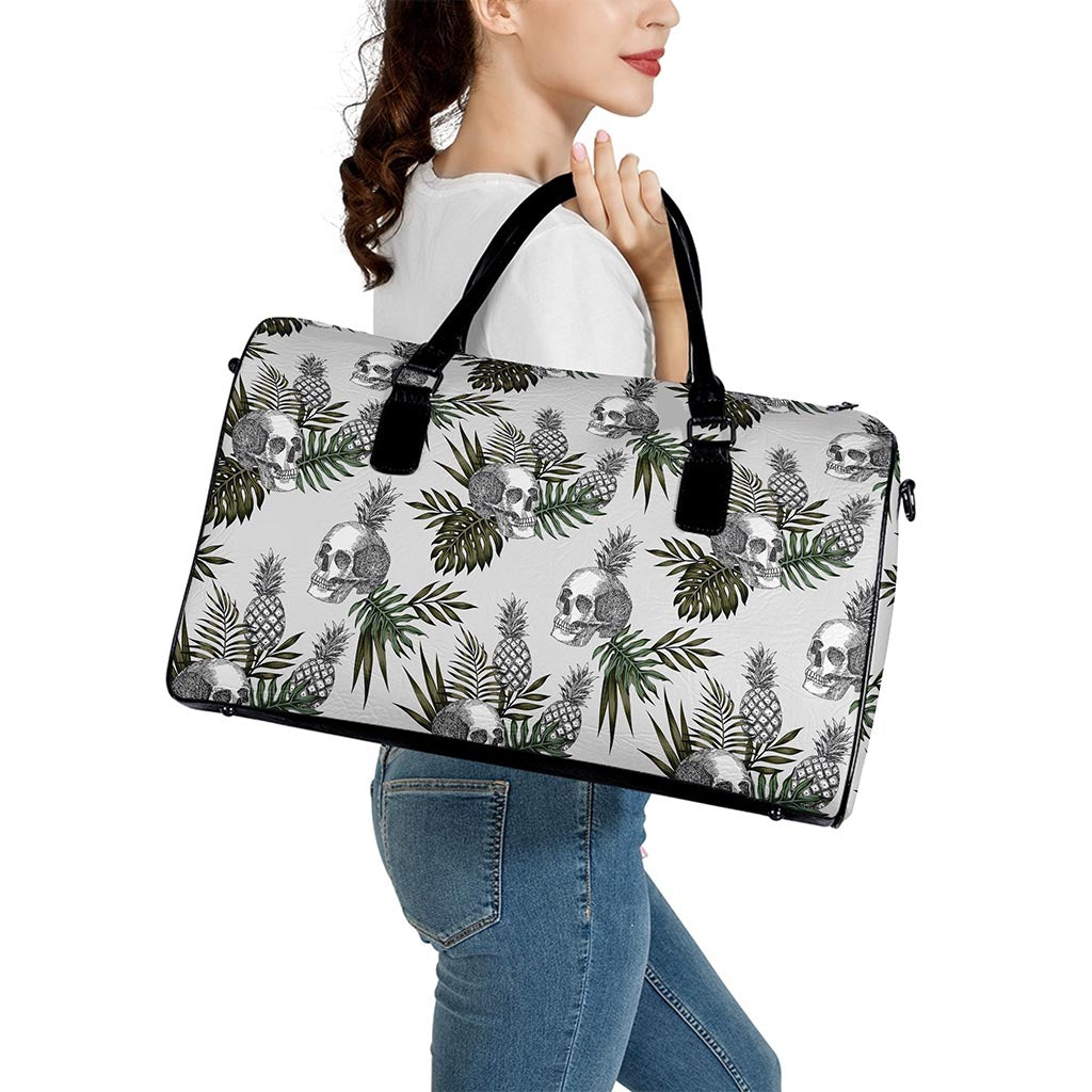 Tropical Pineapple Skull Pattern Print Leather Duffle Bag