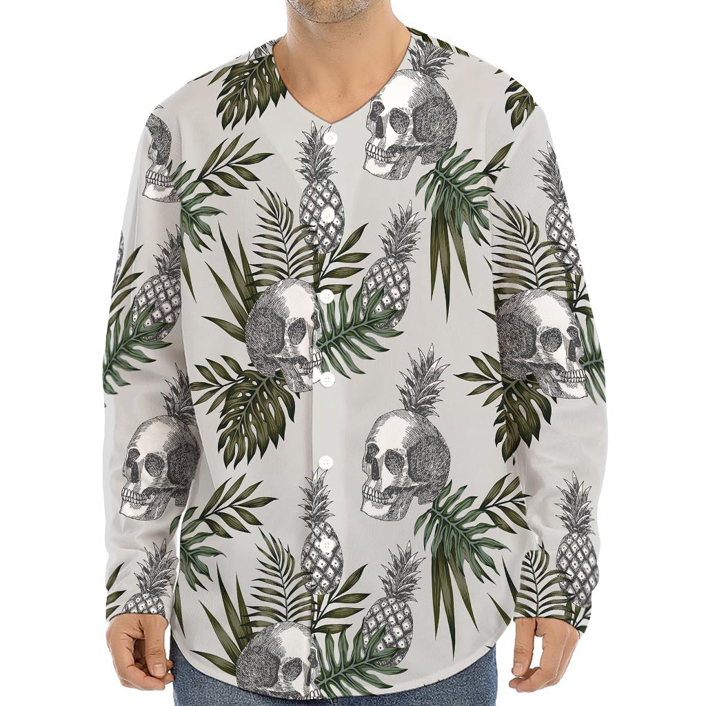 Tropical Pineapple Skull Pattern Print Long Sleeve Baseball Jersey