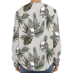 Tropical Pineapple Skull Pattern Print Long Sleeve Baseball Jersey