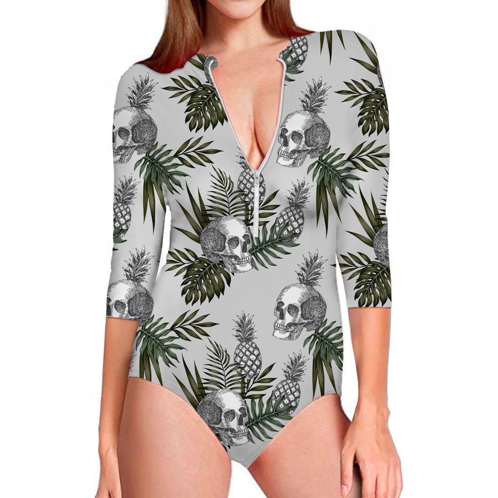 Tropical Pineapple Skull Pattern Print Long Sleeve Swimsuit