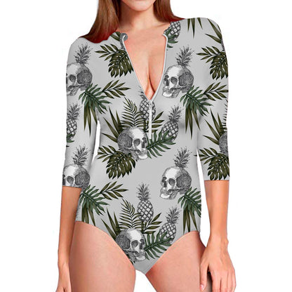 Tropical Pineapple Skull Pattern Print Long Sleeve Swimsuit