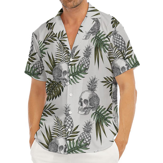 Tropical Pineapple Skull Pattern Print Men's Deep V-Neck Shirt