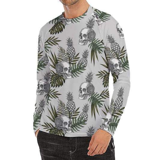 Tropical Pineapple Skull Pattern Print Men's Long Sleeve Rash Guard