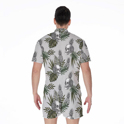 Tropical Pineapple Skull Pattern Print Men's Rompers