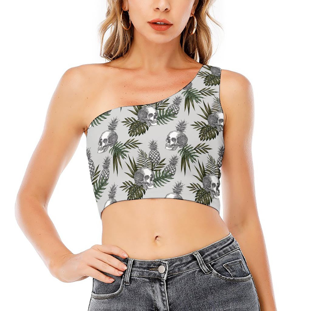 Tropical Pineapple Skull Pattern Print One Shoulder Crop Top