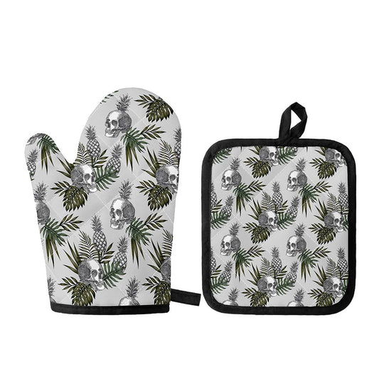 Tropical Pineapple Skull Pattern Print Oven Mitt And Pot Holder Set