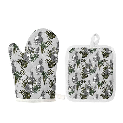Tropical Pineapple Skull Pattern Print Oven Mitt And Pot Holder Set