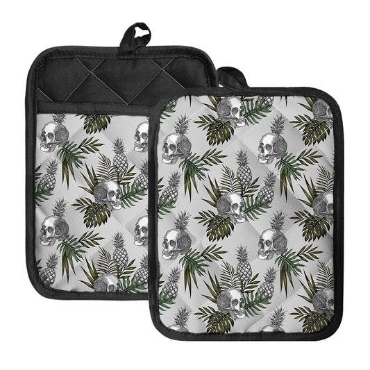 Tropical Pineapple Skull Pattern Print Pot Holders With Pocket