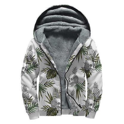 Tropical Pineapple Skull Pattern Print Sherpa Lined Zip Up Hoodie