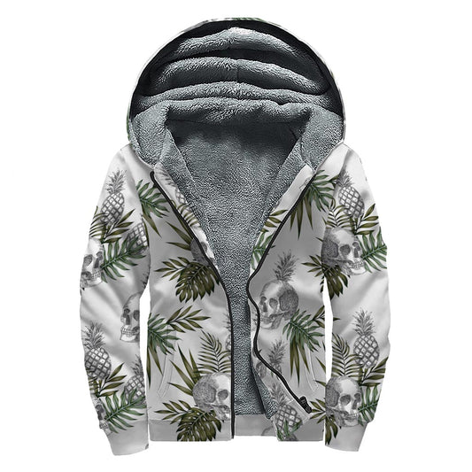 Tropical Pineapple Skull Pattern Print Sherpa Lined Zip Up Hoodie