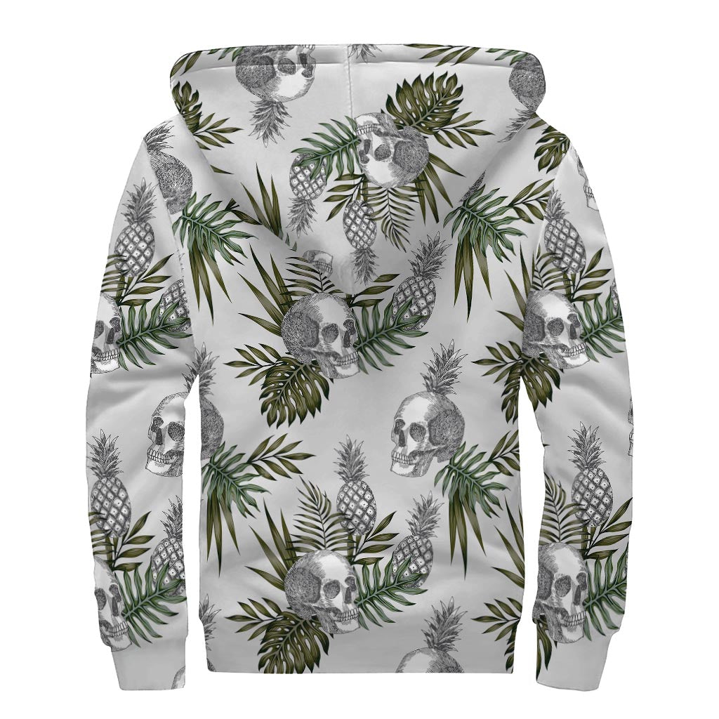 Tropical Pineapple Skull Pattern Print Sherpa Lined Zip Up Hoodie