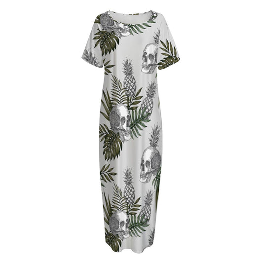 Tropical Pineapple Skull Pattern Print Short Sleeve Long Nightdress