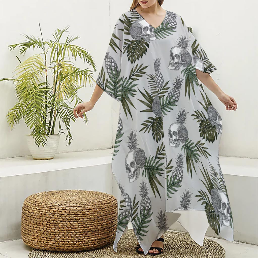 Tropical Pineapple Skull Pattern Print Silk V-Neck Kaftan Dress