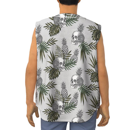 Tropical Pineapple Skull Pattern Print Sleeveless Baseball Jersey