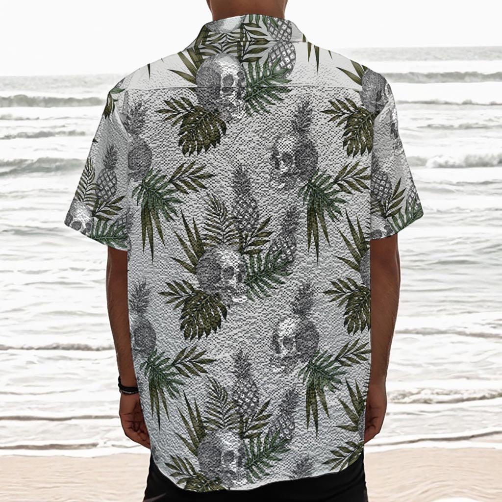 Tropical Pineapple Skull Pattern Print Textured Short Sleeve Shirt