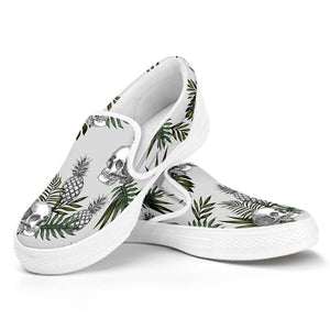 Tropical Pineapple Skull Pattern Print White Slip On Sneakers