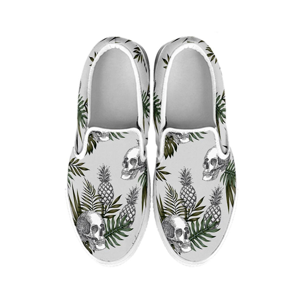 Tropical Pineapple Skull Pattern Print White Slip On Sneakers