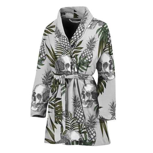 Tropical Pineapple Skull Pattern Print Women's Bathrobe