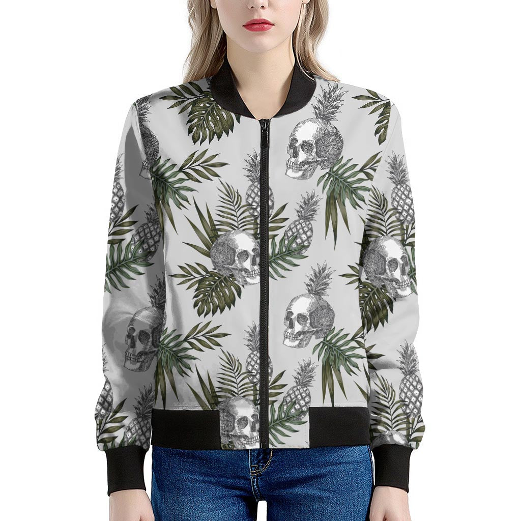 Tropical Pineapple Skull Pattern Print Women's Bomber Jacket