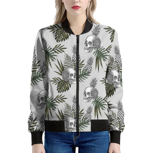 Tropical Pineapple Skull Pattern Print Women's Bomber Jacket