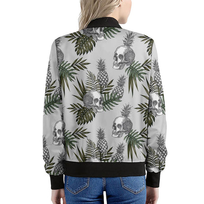 Tropical Pineapple Skull Pattern Print Women's Bomber Jacket
