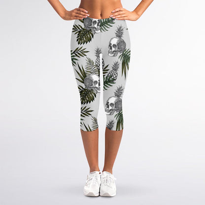 Tropical Pineapple Skull Pattern Print Women's Capri Leggings