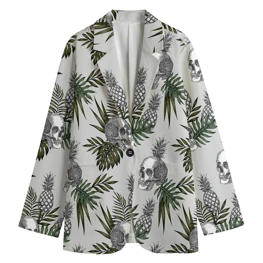 Tropical Pineapple Skull Pattern Print Women's Cotton Blazer