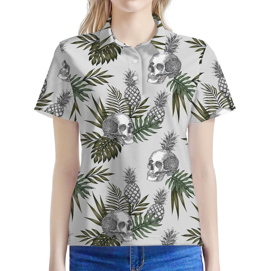 Tropical Pineapple Skull Pattern Print Women's Polo Shirt