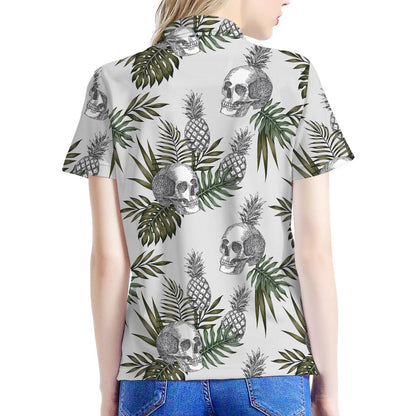 Tropical Pineapple Skull Pattern Print Women's Polo Shirt