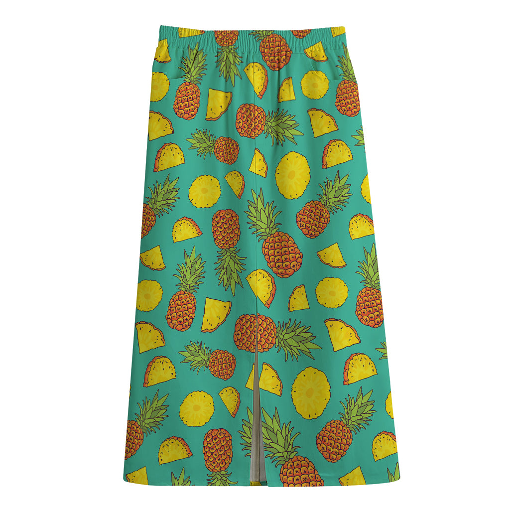 Tropical Pineapples Pattern Print Cotton Front Slit Maxi Skirt