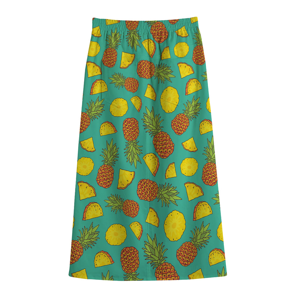 Tropical Pineapples Pattern Print Cotton Front Slit Maxi Skirt