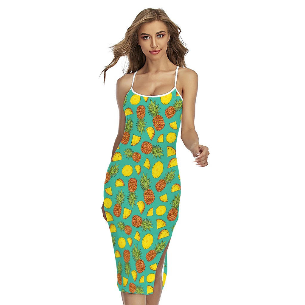 Tropical Pineapples Pattern Print Cross Back Cami Dress